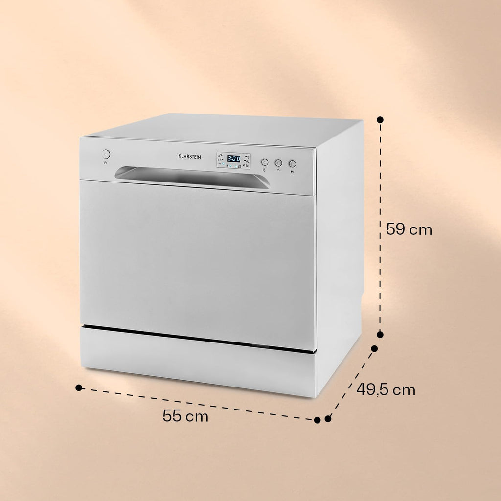 Klarstein ia 8 - Spülmaschine, Geschirrspüler, Freistehend, Teilintegriert, F, 55 cm breit, 8 Maßgedecke, 6 Programme, Aquastop, silber