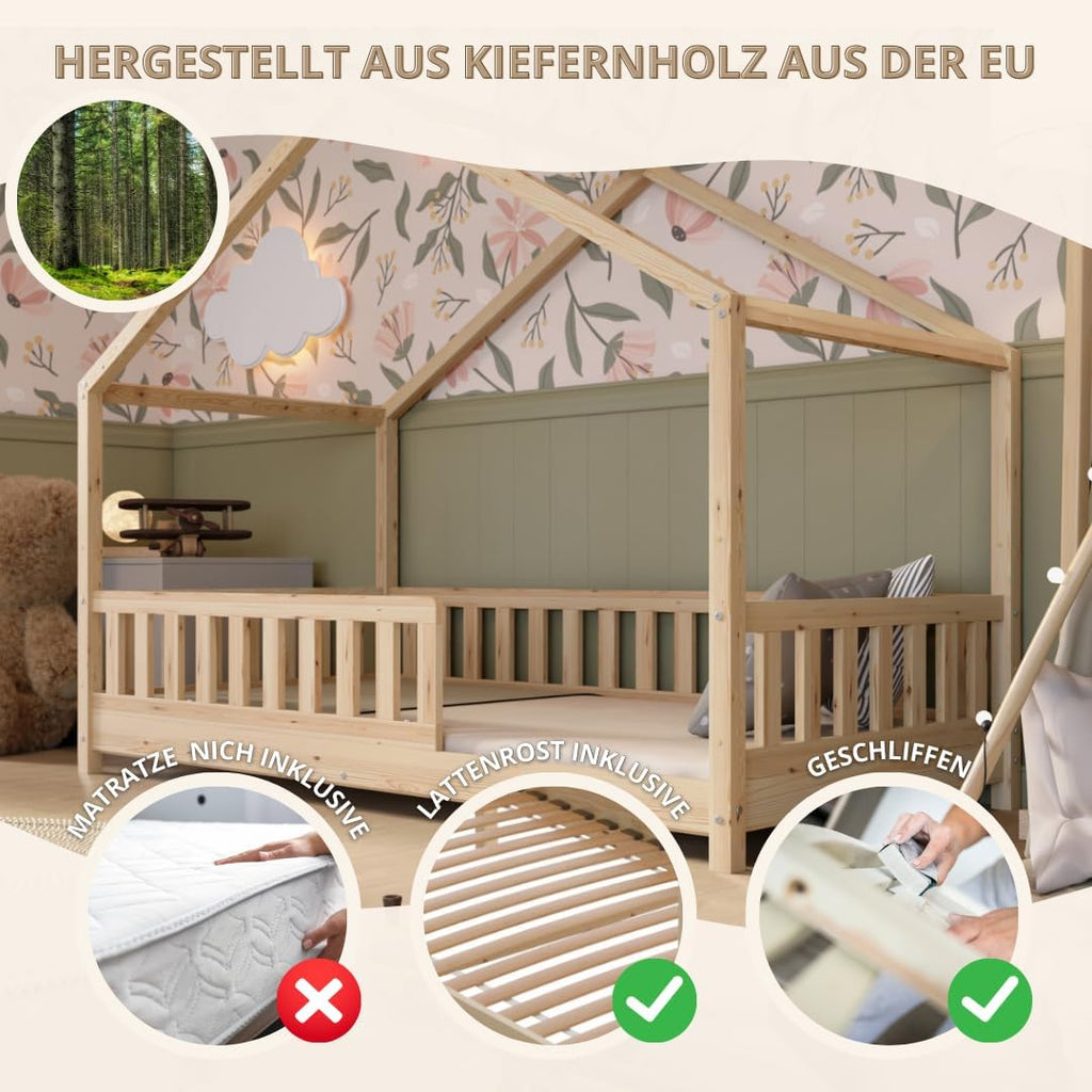 Crazy Pine Hausbett mit Schubladen 200x90 cm – Kinderbett aus Naturholz mit Rausfallschutz – Montessori Bodenbett mit zusätzlichen Stauraum und und Abnehmbarer Barriere - Crazy House