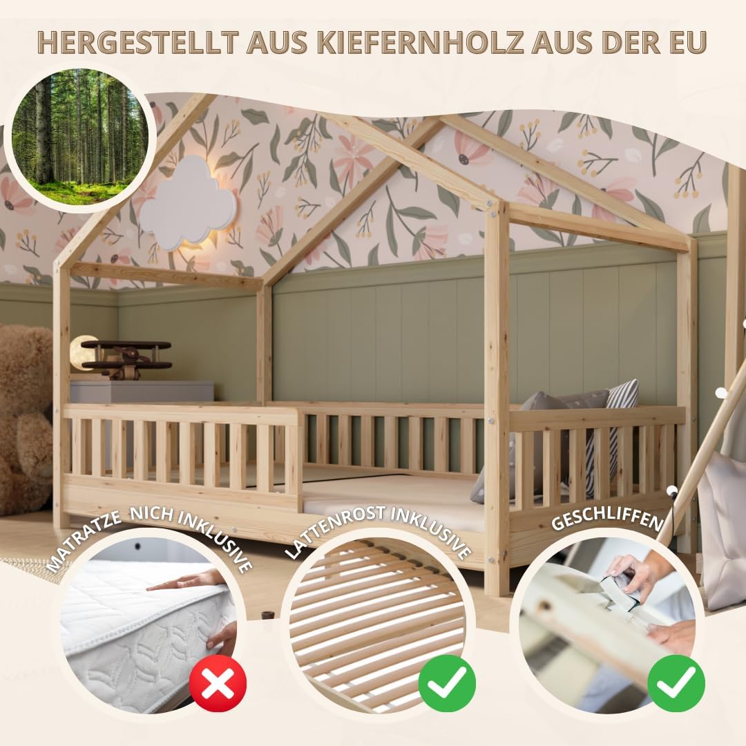 Crazy Pine Hausbett mit Schubladen 200x90 cm – Kinderbett aus Naturholz mit Rausfallschutz – Montessori Bodenbett mit zusätzlichen Stauraum und und Abnehmbarer Barriere - Crazy House