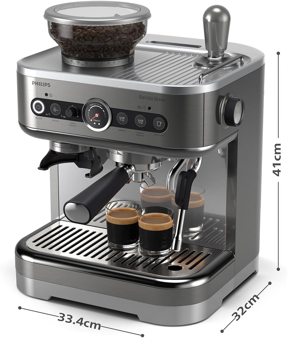 Philips Barista Brew Halbautomatische Espressomaschine - Einfacher & doppelter Espresso + Americano Taste, 250g Bohnenbehälter, Intuitive Führung, Kalibriertes Stampfen, Metall Silber (PSA3218/01)