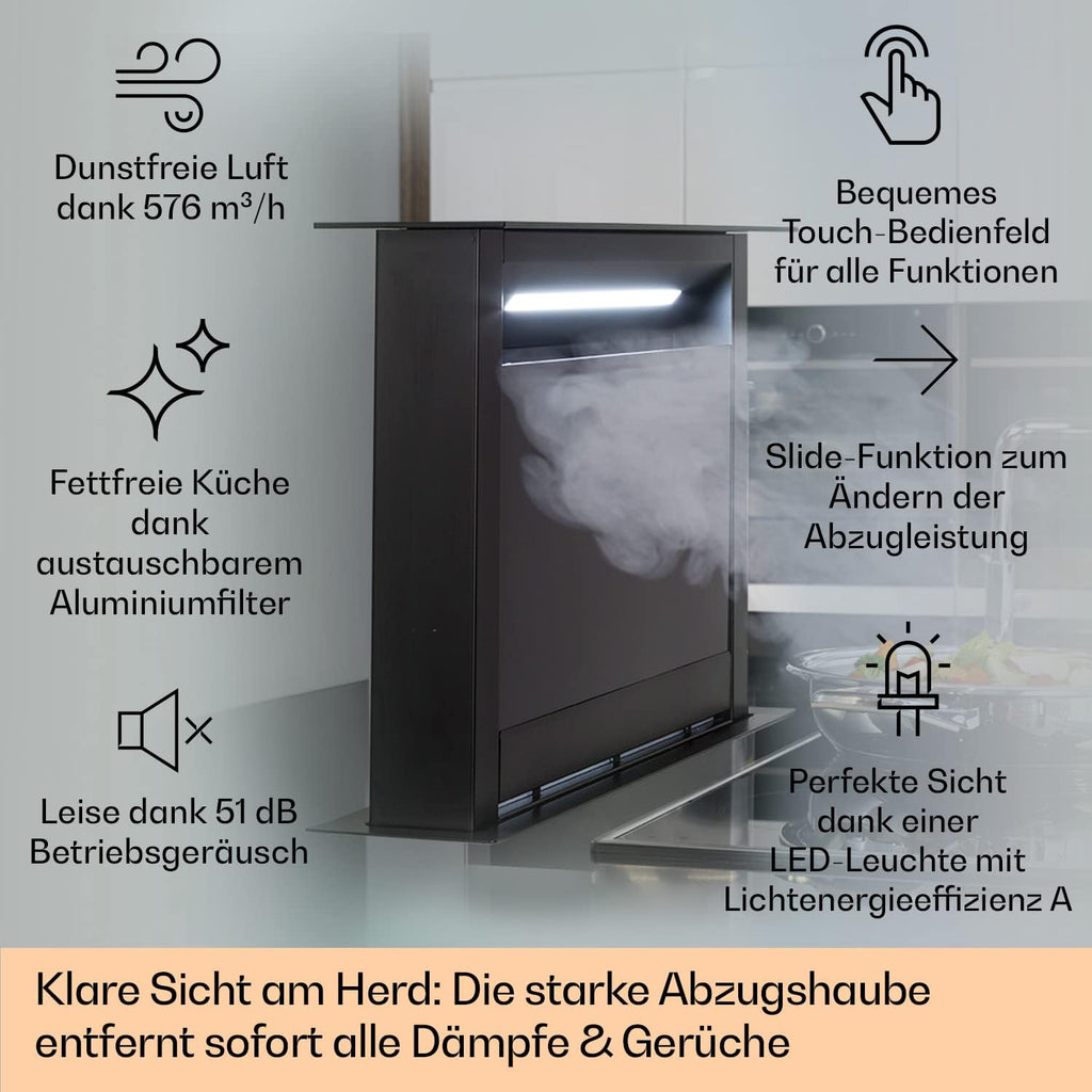 Klarstein Downdraft-Dunstabzugshaube, Versenkbare Abzugshaube, Leise Dunstabzugshauben mit Filter, Dunstabzugshaube 60cm, Umluft/Abluft Dunsthaube mit 10 Stufen, Dunstabzug 576 m³/h Luftstrom