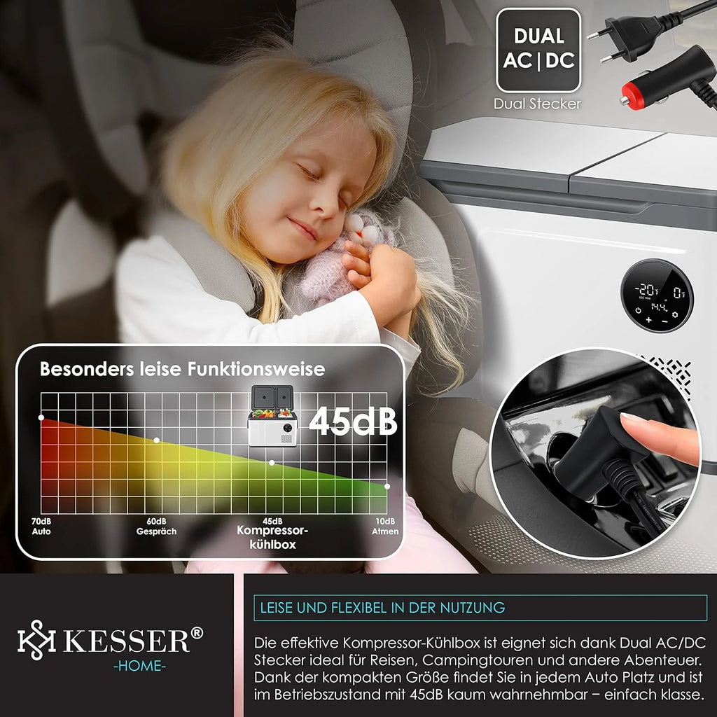 KESSER® Kompressor Kühlbox 2in1 Doppelzone Kühl & Gefrierfach elektrische Gefrierbox mit 2x Kühlakkus & LED-Touch-Bedienung | Kühlschrank Kühlung bis -20 °C für Camping, Auto, Lkw 12/24V 230V