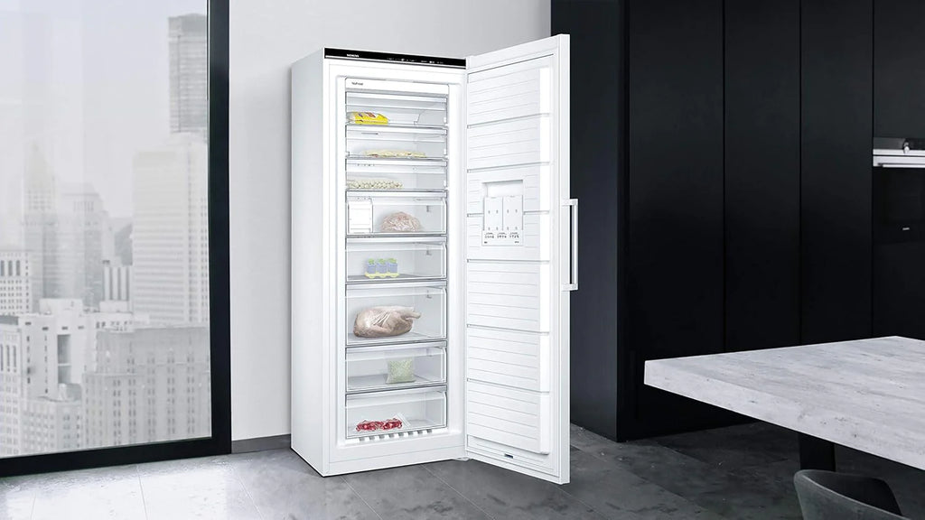 Siemens GS54NAWCV iQ500 Gefrierschrank, 176 x 70 cm, 327 L, noFrost nie wieder abtauen, bigBox Platz für großes Gefriergut, varioZone flexible Glas-und Schubladen, Weiß