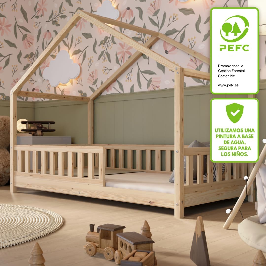 Crazy Pine Hausbett mit Schubladen 200x90 cm – Kinderbett aus Naturholz mit Rausfallschutz – Montessori Bodenbett mit zusätzlichen Stauraum und und Abnehmbarer Barriere - Crazy House