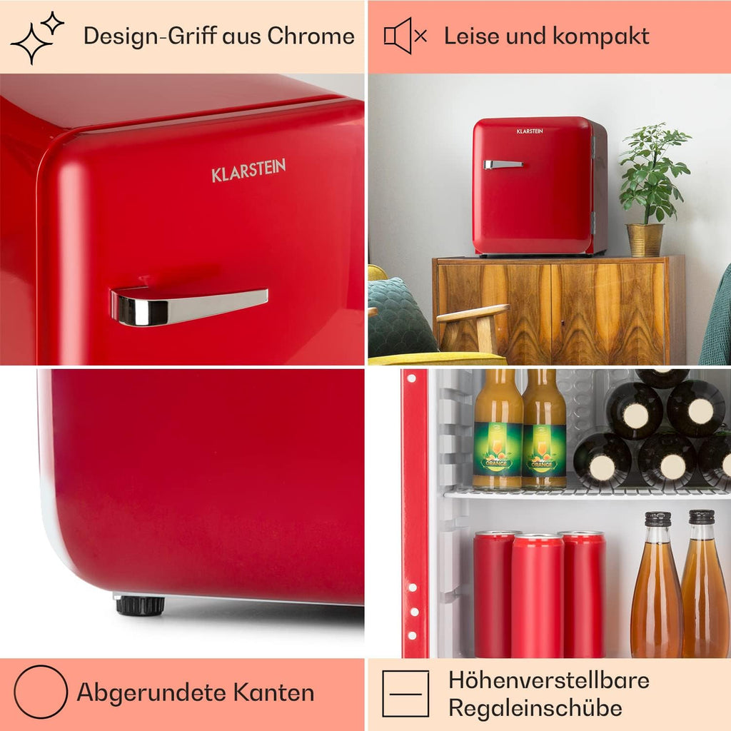 Klarstein Audrey Mini - kleiner Kühlschrank, kompakte Mini-Bar, freistehend, Kompressionskühlung, Fassungsvermögen, Kühlung: 0-10 °C, Mini-Kühlschrank mit 70 Liter Fassungsvermögen, rot
