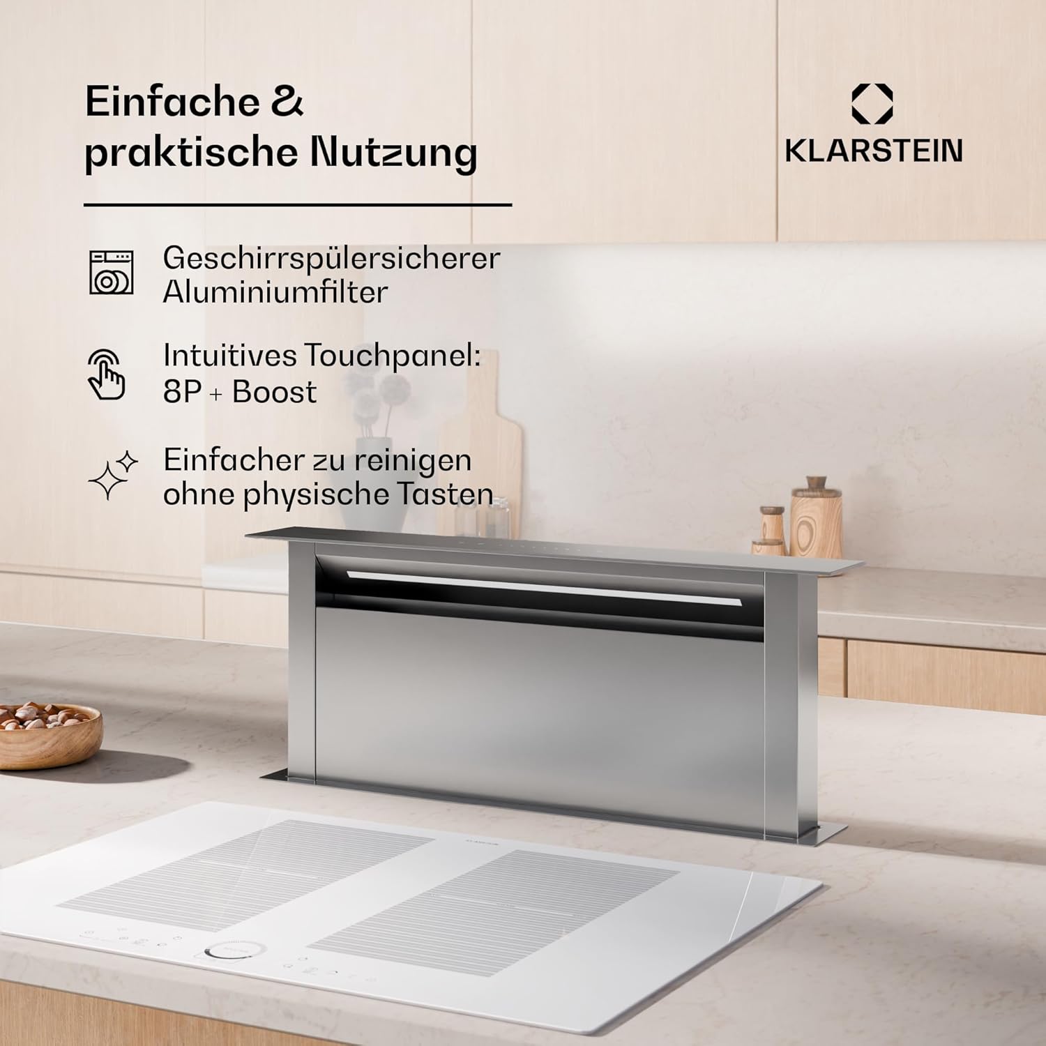 Klarstein Downdraft-Dunstabzugshaube, Versenkbare Abzugshaube, Leise Dunstabzugshauben mit Filter, Dunstabzugshaube 60cm, Umluft/Abluft Dunsthaube mit 10 Stufen, Dunstabzug 576 m³/h Luftstrom