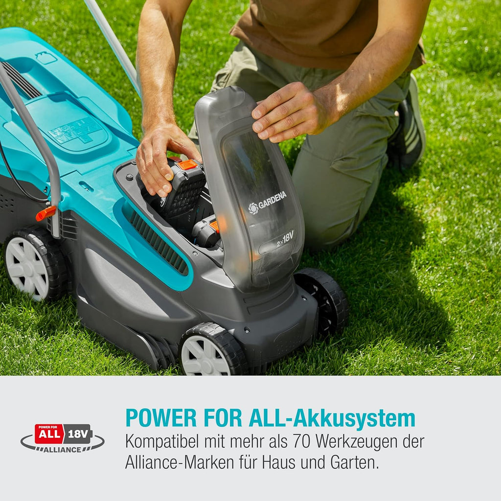 Gardena Akku-Rasenmäher PowerMax 32/36V P4A Ready-to-Use Set: Rasenmäher bis 200 m², 32 cm Schnittbreite, 30 l Fassungsvolumen, Schnitthöhe 20-60 mm, inkl. 2 x 18V P4A Akku (14621-20)