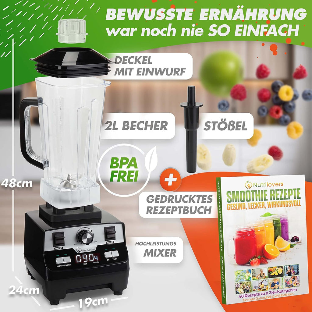 NUTRI-BLENDER MAX+ Hochleistungsmixer 2000W Standmixer Smoothie Hochleistung Smoothie-Maker Profi Mixer Blender - 2L Tritan, BPA-FREI, 9 Stufen, Digital-Timer Inkl. Smoothie Rezeptbuch