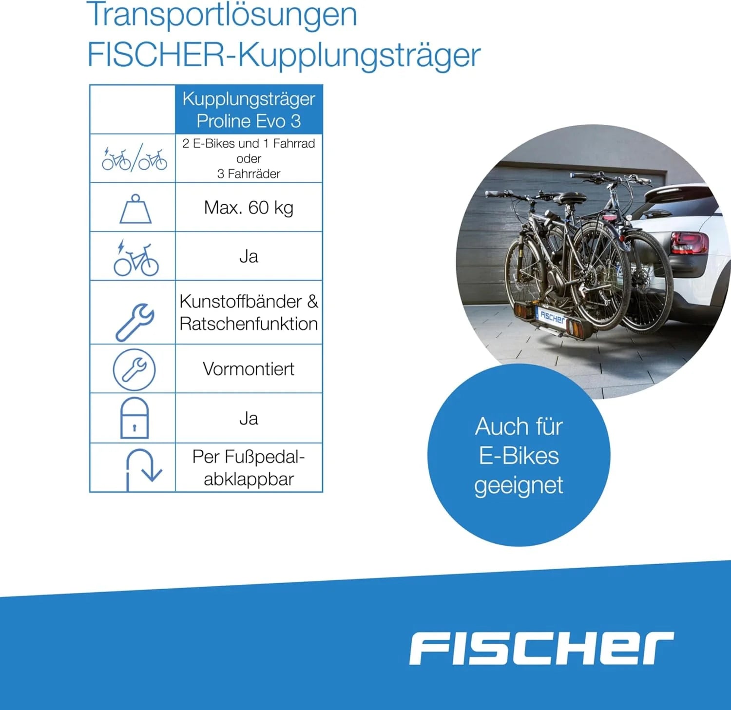 Fischer Kupplungs-Fahrradträger ProlineEvo 2, für 2 Fahrräder bis 60kg Nutzlast, E-Bike geeignet, vormontiert, abschließbar, faltbar