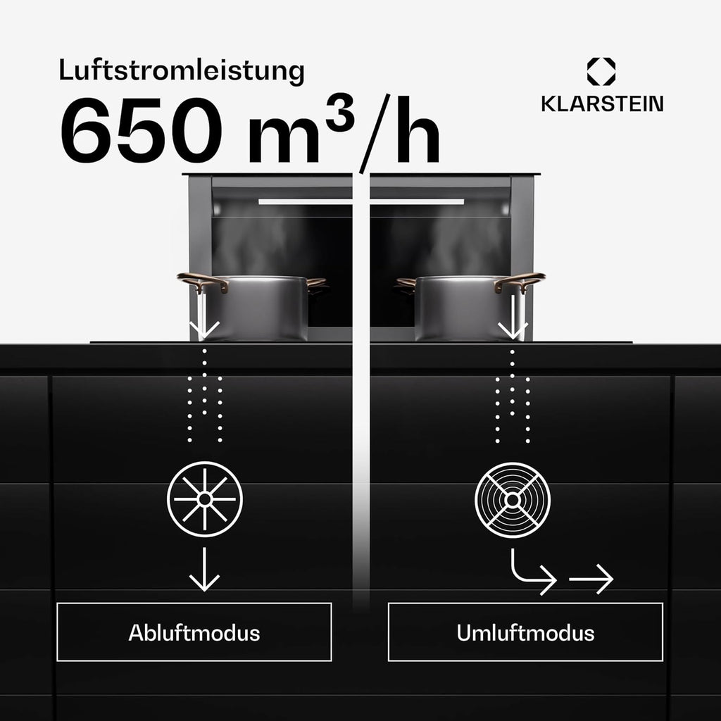 Klarstein Downdraft-Dunstabzugshaube, Versenkbare Abzugshaube, Leise Dunstabzugshauben mit Filter, Dunstabzugshaube 60cm, Umluft/Abluft Dunsthaube mit 10 Stufen, Dunstabzug 576 m³/h Luftstrom