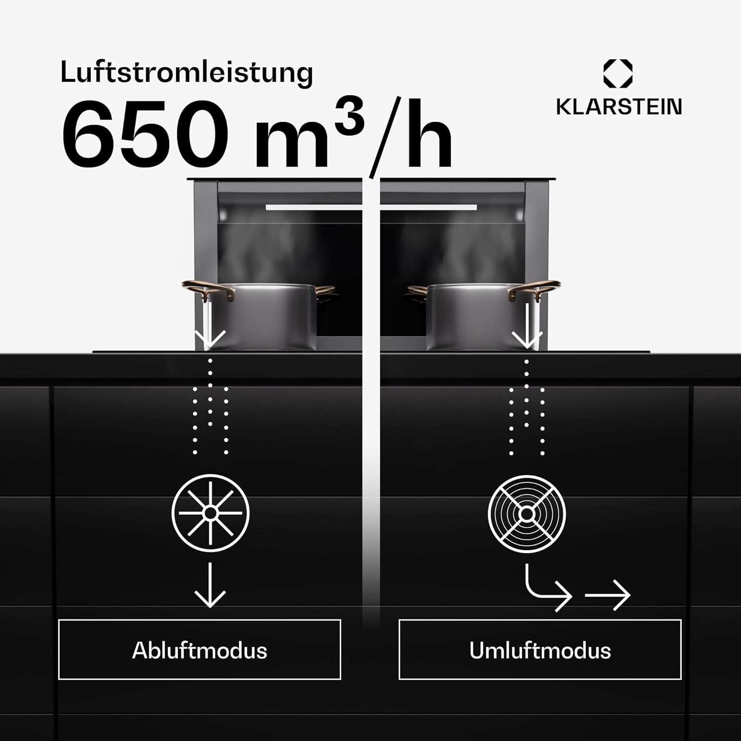 Klarstein Downdraft-Dunstabzugshaube, Versenkbare Abzugshaube, Leise Dunstabzugshauben mit Filter, Dunstabzugshaube 60cm, Umluft/Abluft Dunsthaube mit 10 Stufen, Dunstabzug 576 m³/h Luftstrom