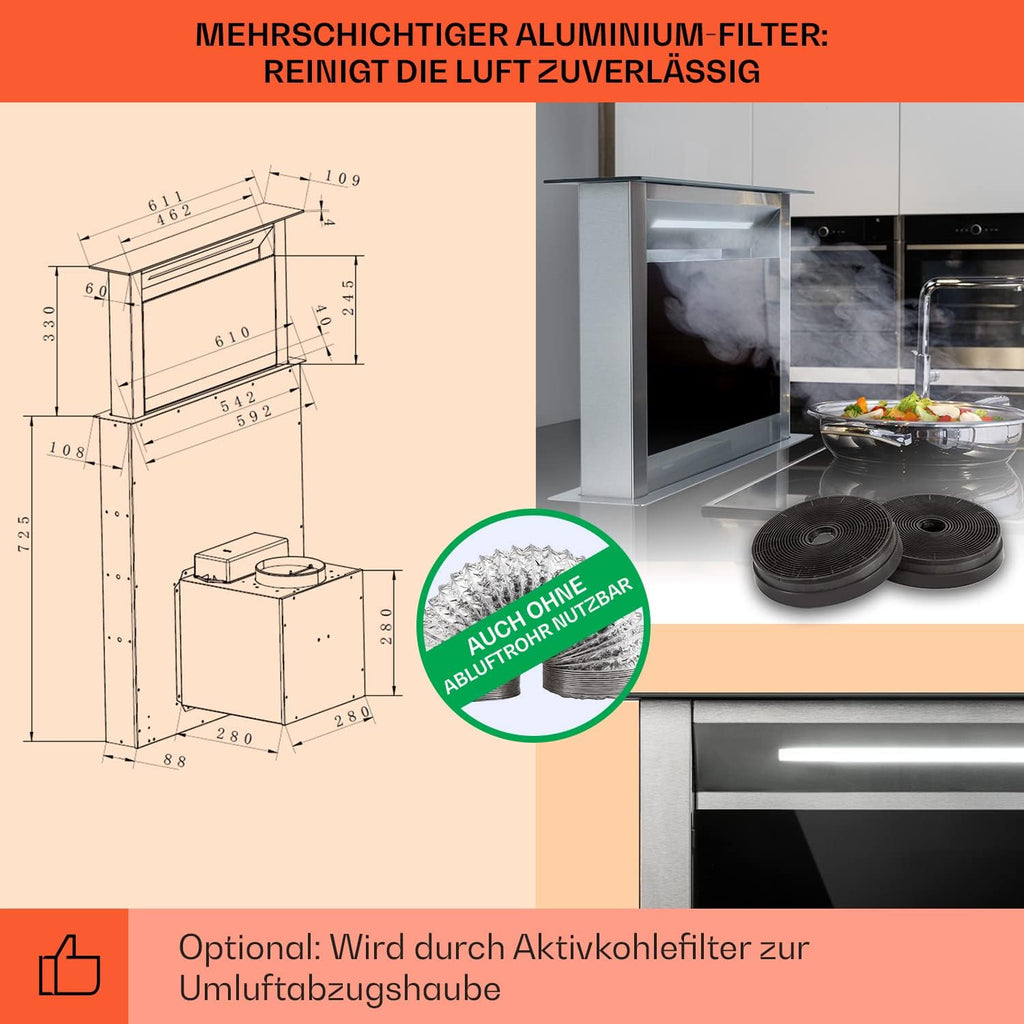 Klarstein Downdraft-Dunstabzugshaube, Versenkbare Abzugshaube, Leise Dunstabzugshauben mit Filter, Dunstabzugshaube 60cm, Umluft/Abluft Dunsthaube mit 10 Stufen, Dunstabzug 576 m³/h Luftstrom