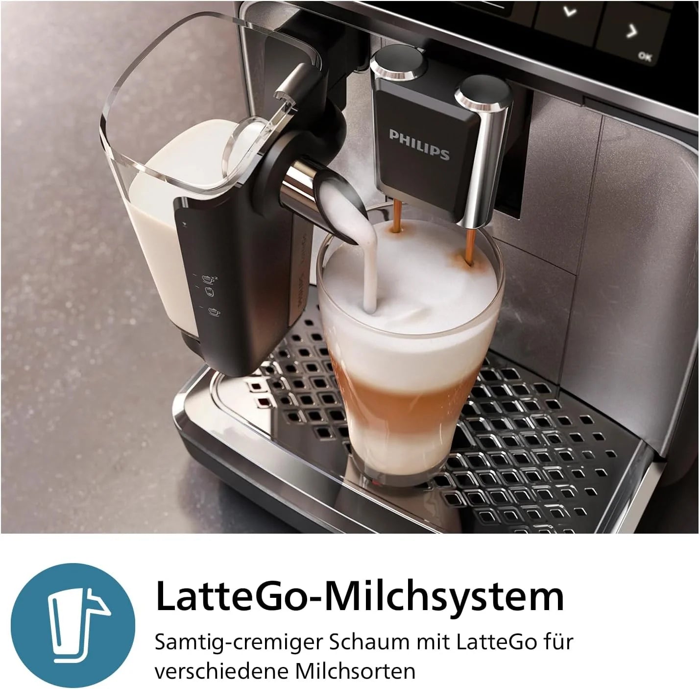 Philips 2300 Serie Vollautomatische Espressomaschine - 4 Getränke, modernes Farb-Touchscreen-Display, LatteGo-Milchsystem, SilentBrew, Keramikmahlwerk, AquaClean-Filter. Weißes Chrom (EP2333/40)