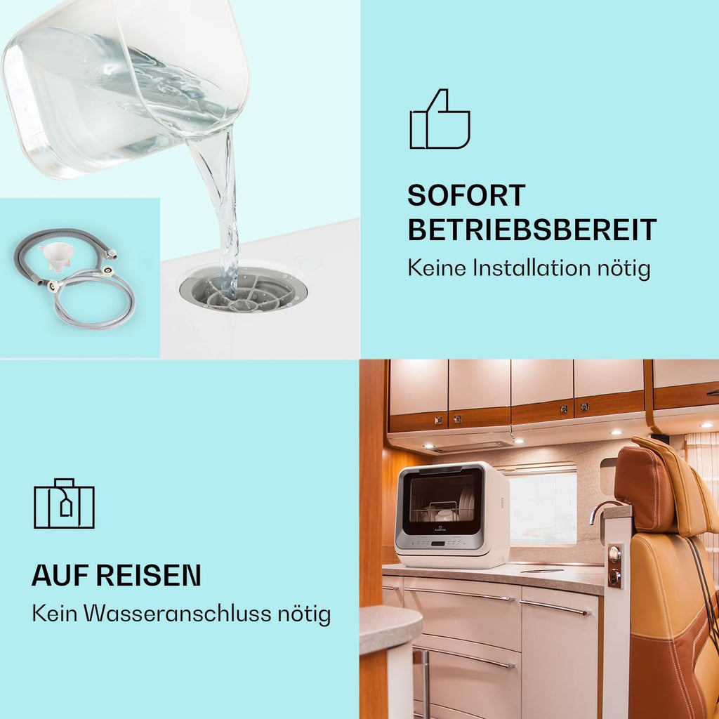 Klarstein  ia Mini Geschirrspüler, Spülmaschine mit Platz für 2 Maßgedecke, 6 Programme, 5 L Wasser benötigt, LED-Display, Touch, Tischgeschirrspüler inkl. Zubehör, schwarz