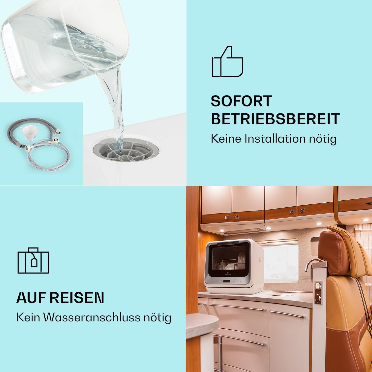 Klarstein  ia Mini Geschirrspüler, Spülmaschine mit Platz für 2 Maßgedecke, 6 Programme, 5 L Wasser benötigt, LED-Display, Touch, Tischgeschirrspüler inkl. Zubehör, schwarz