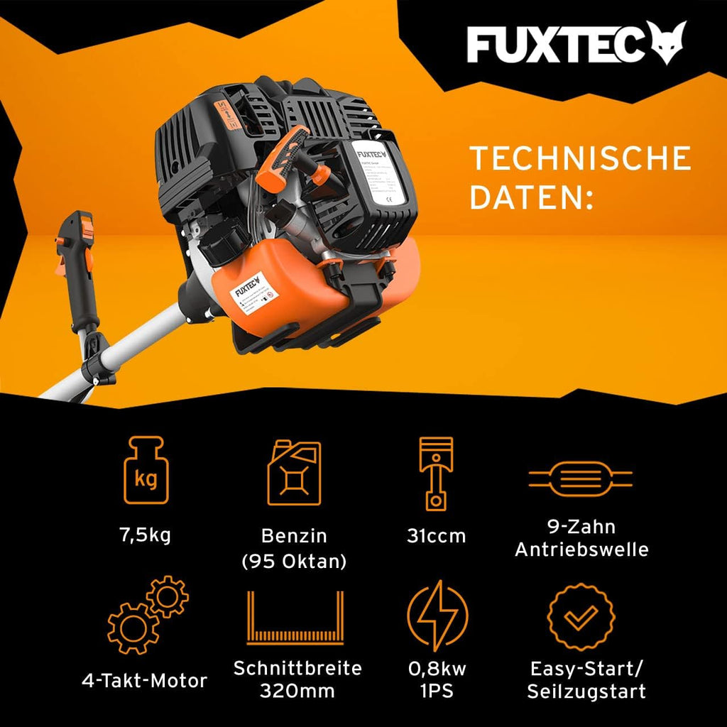 FUXTEC Benzin Motorsense FX-4MS131, Rasentrimmer mit 4-Takt-Motor, 320 mm Schnittkreis, ergonomischer Zweihandgriff, Notstop-Schalter, leichtgewichtig, inkl. Profi-Tragegurt/Messer/Faden