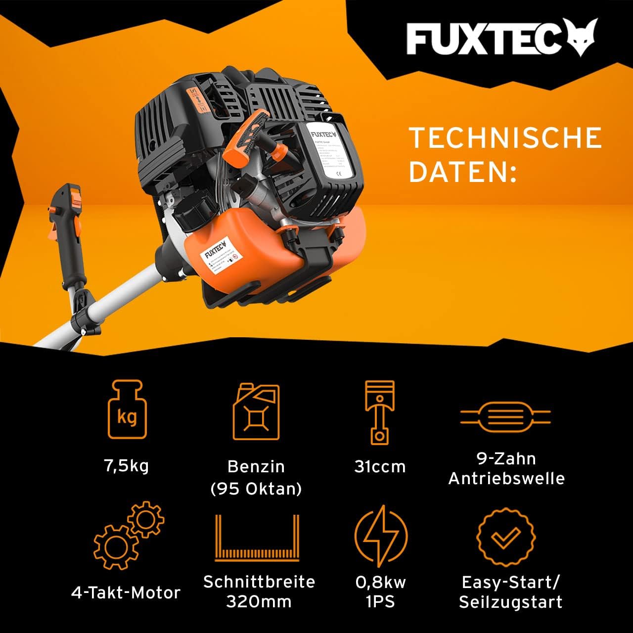 FUXTEC Benzin Motorsense FX-4MS131, Rasentrimmer mit 4-Takt-Motor, 320 mm Schnittkreis, ergonomischer Zweihandgriff, Notstop-Schalter, leichtgewichtig, inkl. Profi-Tragegurt/Messer/Faden