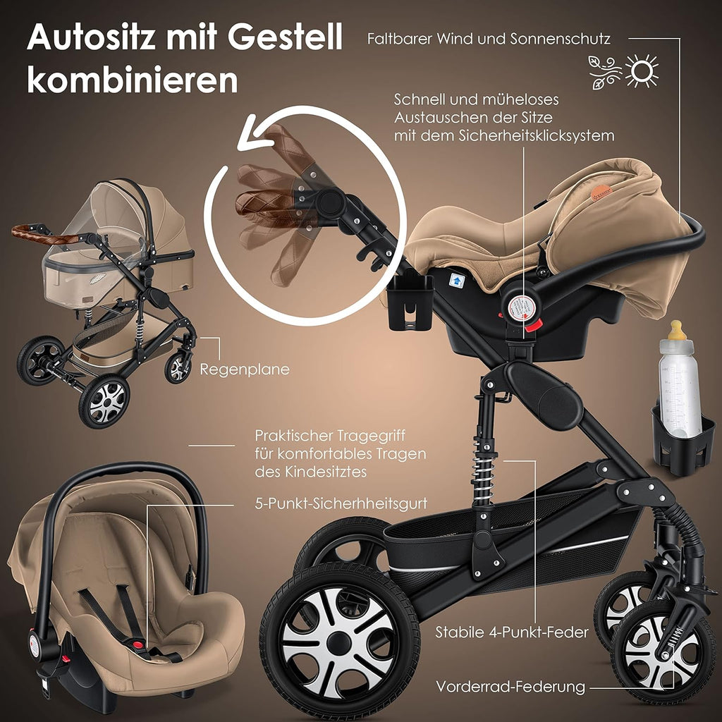 KESSER Loops 3 in 1 Kinderwagen Kombikinderwagen Komplett-Set inkl. Babywanne & Buggy Sportsitz & Auto-Babyschale Voll-Gummireifen Wickeltasche Regenschutz Kindertisch ECE R129, Schwarz/Champagne