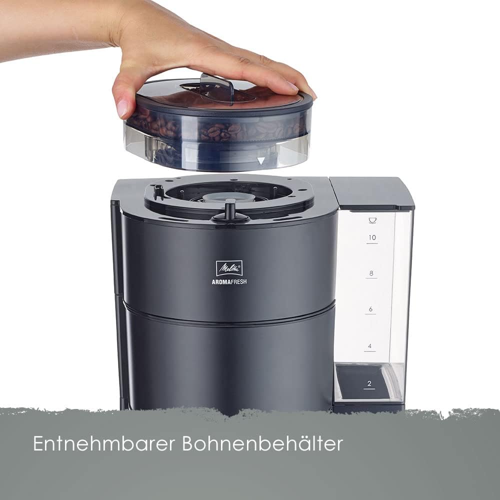 Melitta AromaFresh - Filterkaffeemaschine - mit Glaskanne - integriertes Mahlwerk - Timer Funktion - 10 Tassen - Pure Black