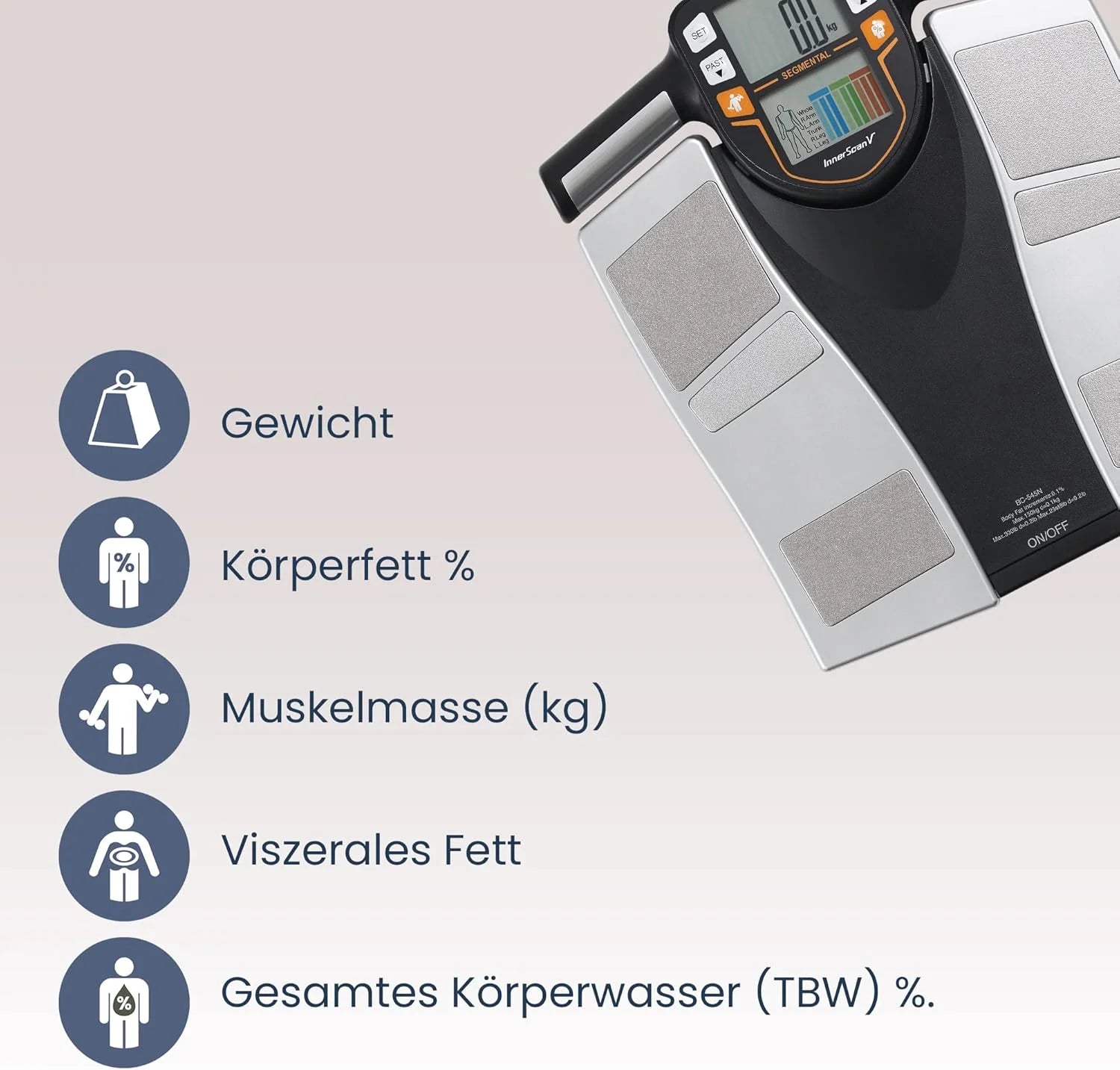 TANITA BC-545N Segment-Körperzusammensetzungswaage On Screen Messwerte pro Körperteil 10 Messungen Silber | 1er pack