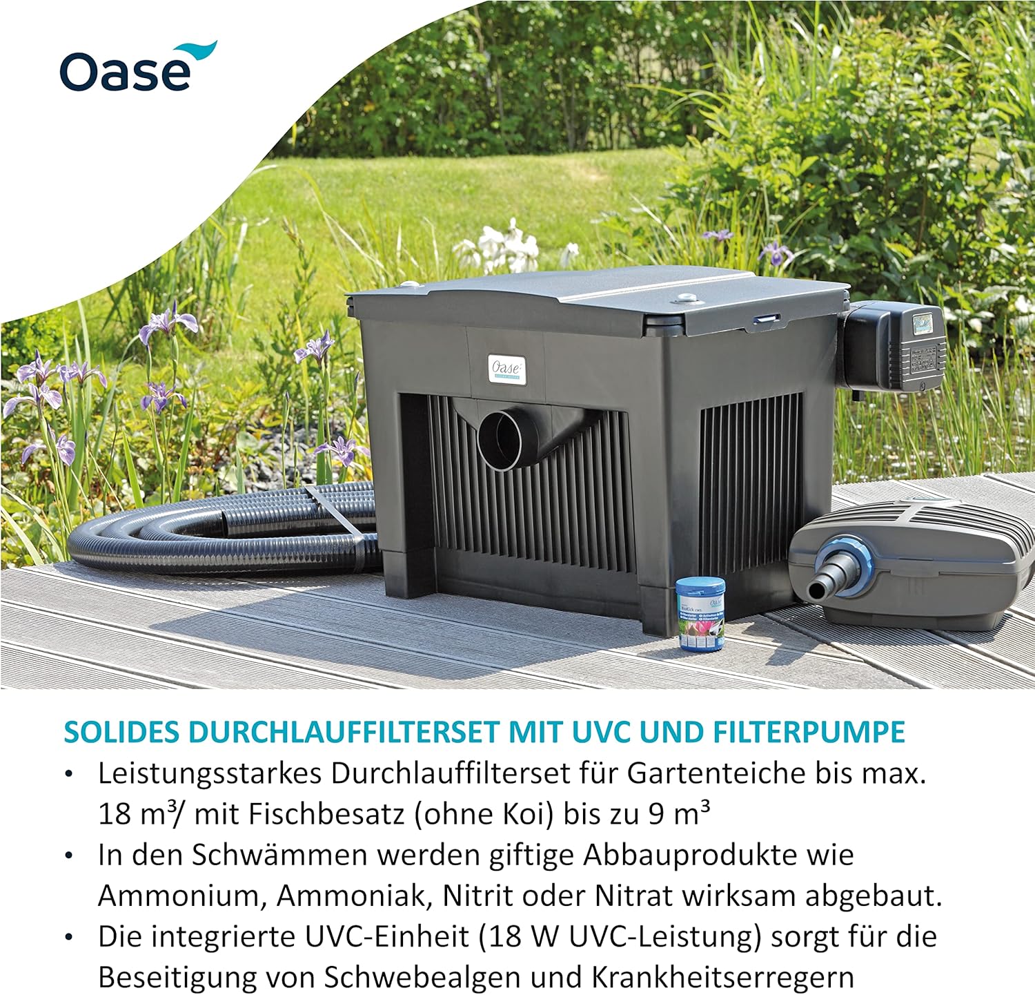 OASE 56789 Durchlauffilter BioSmart Set 36000 geeignet für Teiche bis 36 m³, Filtersystem, Filterkomplettset inkl Filtermaterial, Teichpumpe und UVC Klärer
