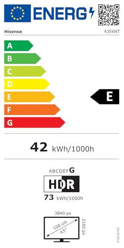 Hisense 43E6NT 108cm (43 Zoll) Fernseher, 4K UHD Smart TV, Precision Colour, HDR, Dolby Vision, 60Hz, Triple Tuner DVB-C/S/S2/T/T2, WiFi, HDMI 2.1, Bluetooth, Alexa Built-in, Schwarz, [2024]