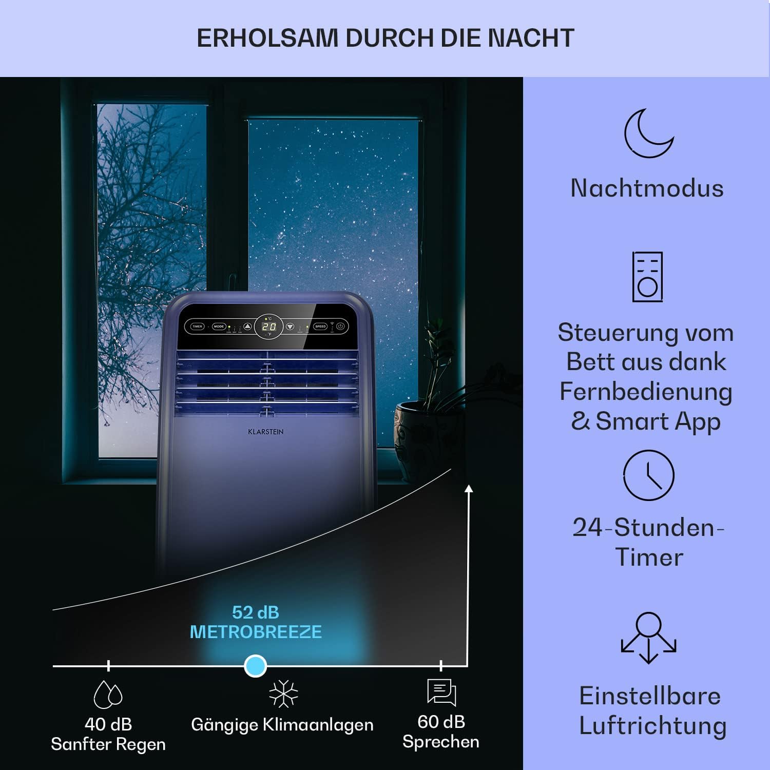 Klarstein Mobile Klimaanlage mit Abluftschlauch, 4-in-1 Klimagerät mit Ventilator, Luftentfeuchter & Nachtmodus, Kleine & Portable Klimaanlage für Wohnung & Büro, App-Steuerung, 12000 BTU