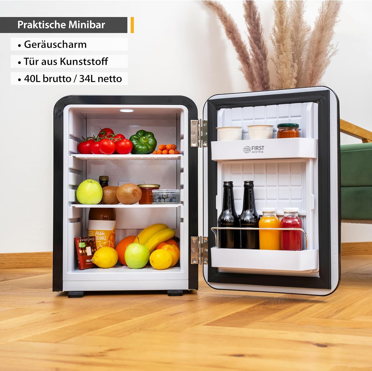 TZS First Austria lautloser Minikühlschrank | Retro Design | Einstellbare Kühlleistung | Türgriff |Thermoelektrisches Kühlsystem | 40L | creme