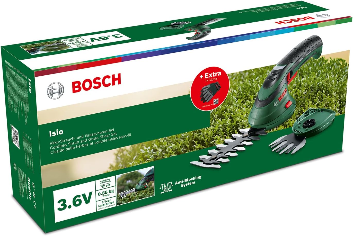 Bosch Akku Grasscheren Set Isio (3,6 Volt, Messerlnge 12 cm, Messerabstand 8 mm, mit XL-Gartenhandschuhen inklusive, in Softcase) – Amazon Edition