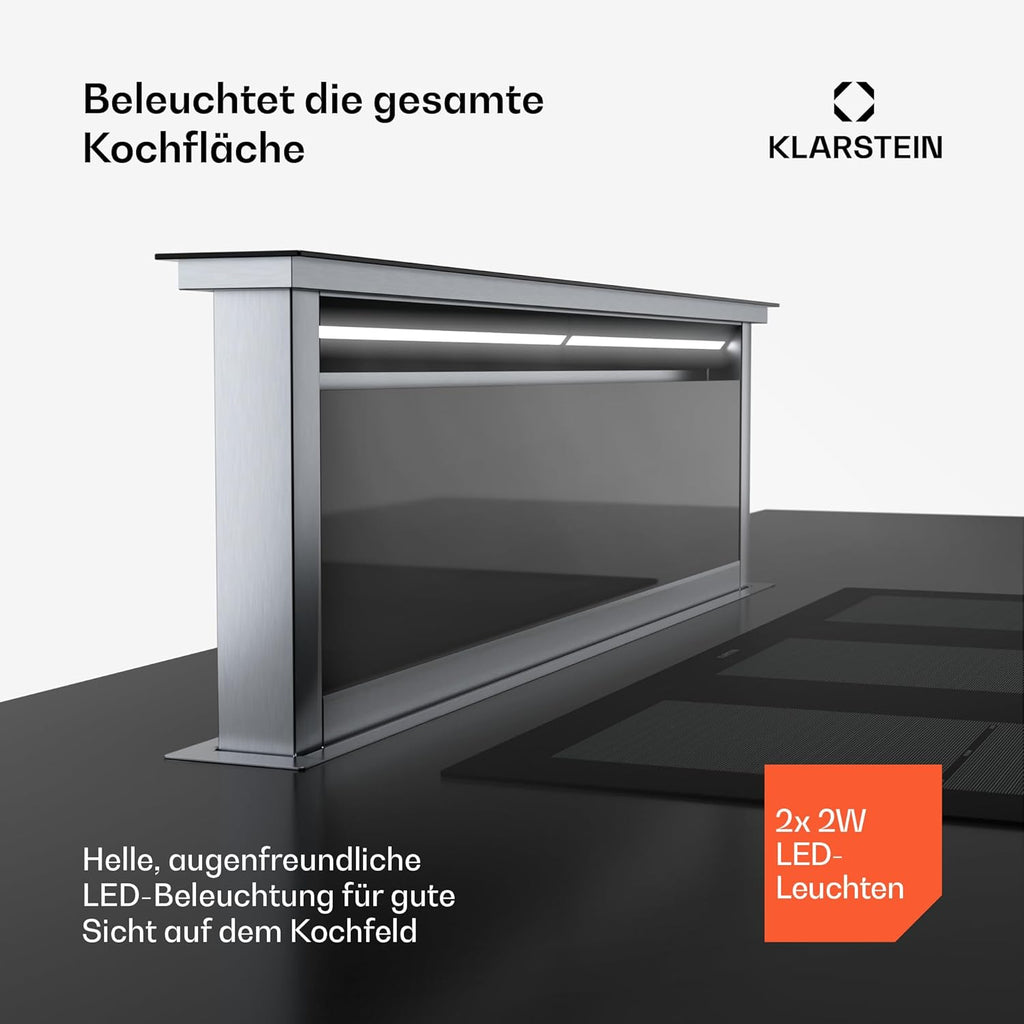 Klarstein Downdraft-Dunstabzugshaube, Versenkbare Abzugshaube, Leise Dunstabzugshauben mit Filter, Dunstabzugshaube 60cm, Umluft/Abluft Dunsthaube mit 10 Stufen, Dunstabzug 576 m³/h Luftstrom