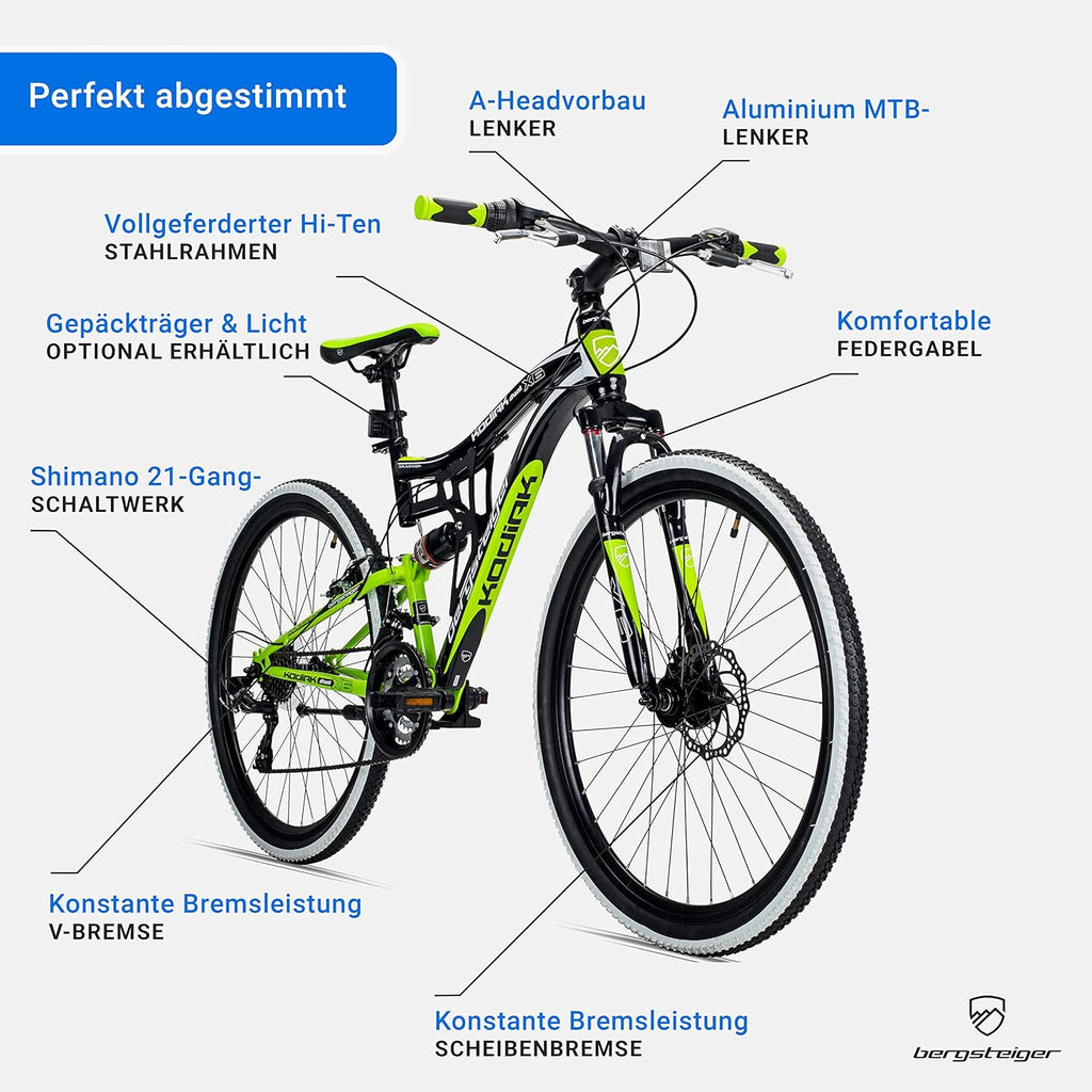 Bergsteiger Kodiak 26 Zoll, 29 Zoll Mountainbike, Scheibenbremse, Shimano 21 Gang-Schaltung, Vollfederung, Fully MTB für Jungen, Mädchen, Damen & Herren