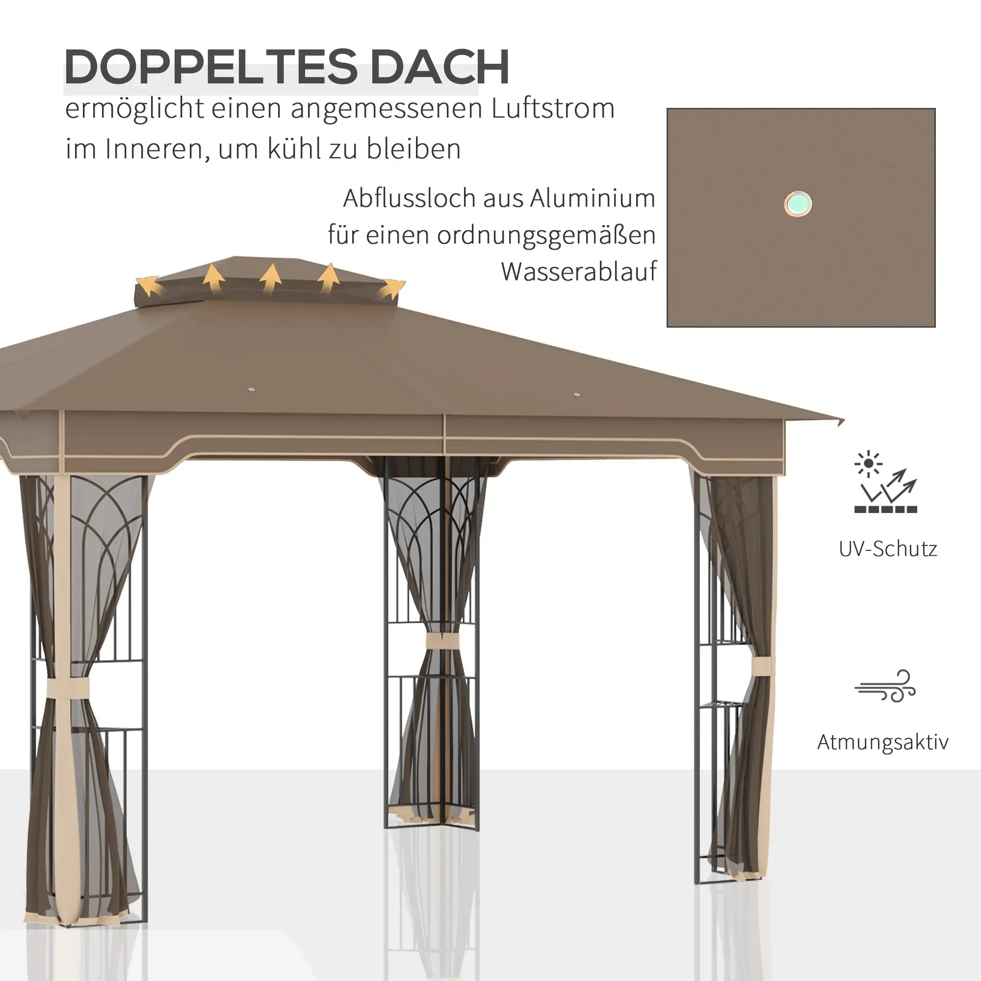 Outsunny Gartenpavillon 3,65 × 3 m mit Doppeldach & Moskitonetz – Braun/Beige