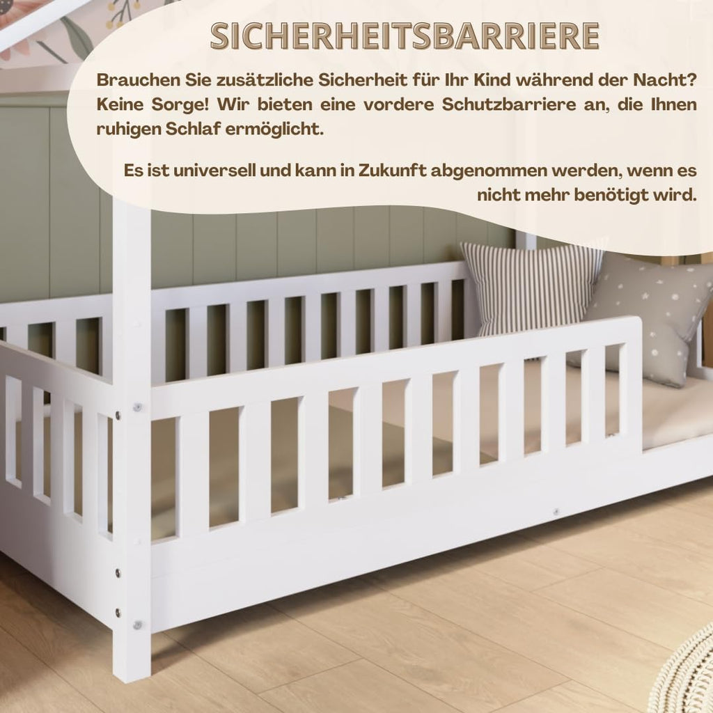 Crazy Pine Hausbett mit Schubladen 200x90 cm – Kinderbett aus Naturholz mit Rausfallschutz – Montessori Bodenbett mit zusätzlichen Stauraum und und Abnehmbarer Barriere - Crazy House