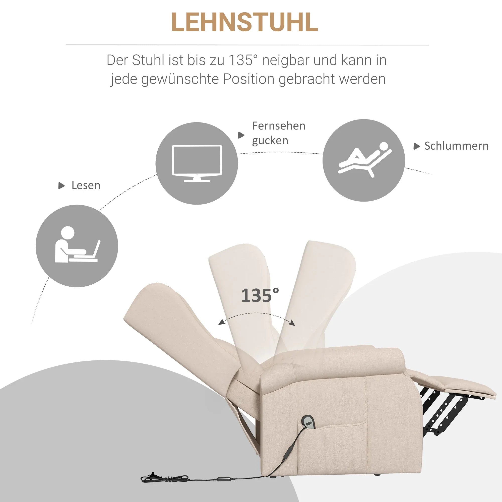 HOMCOM Aufstehsessel elektrisch Relaxsessel frei verstellbar cremeweiß