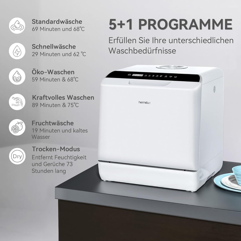 Hermitlux Mini Geschirrspüler, Spülmaschine für 4 Bestecksätze, 5 Liter Wassertank, 6 Programme Mini Tischgeschirrspüler, Perfekt für Wohnungen, Schlafsäle, Camping, Weiß