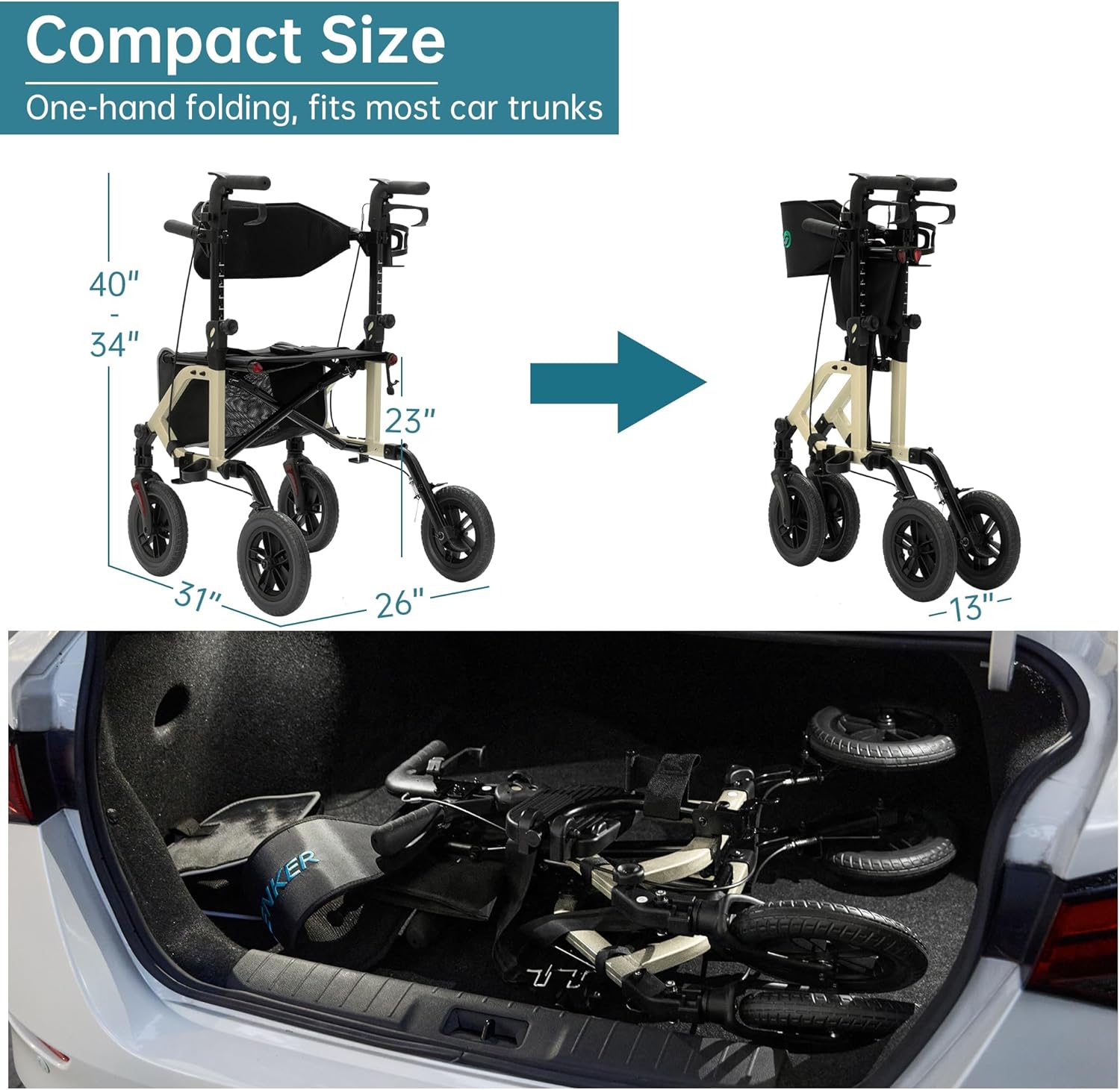 Geländegängiger 2-in-1-Rollator und Transportstuhl, zusammenklappbarer Rollstuhl mit luftlosen 10-Zoll-Rädern für Senioren, umkehrbare Rückenlehne und abnehmbare Fußstützen, blau