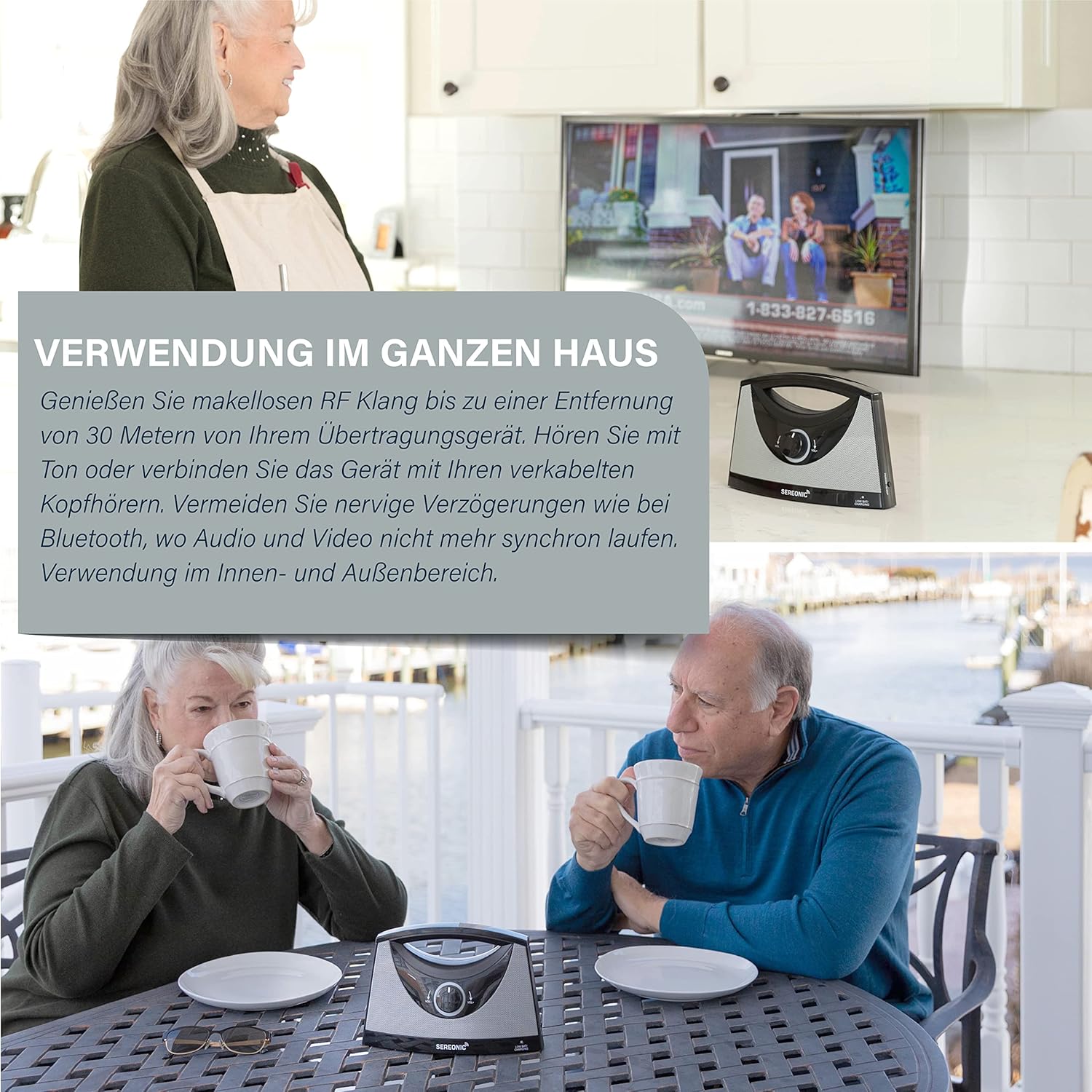SEREONIC Tragbare Kabellose TV Lautsprecher für Smart TV – Idealer Lautsprecher für Fernseher ohne Dröhnenden Klang – Kabelloser TV Lautsprecher für Hörbeeinträchtigte und Senioren – Reichweite 30 m