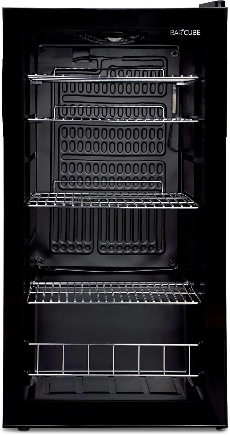 °CUBES Getränkekühlschrank 90L mit Glastür & 4 variablen Ablagen | Kompakter Flaschenkühlschrank, perfekt für zu Hause, Büro, Partys & Gastro | Stilvoller Kühlschrank mit Glastür, schwarz