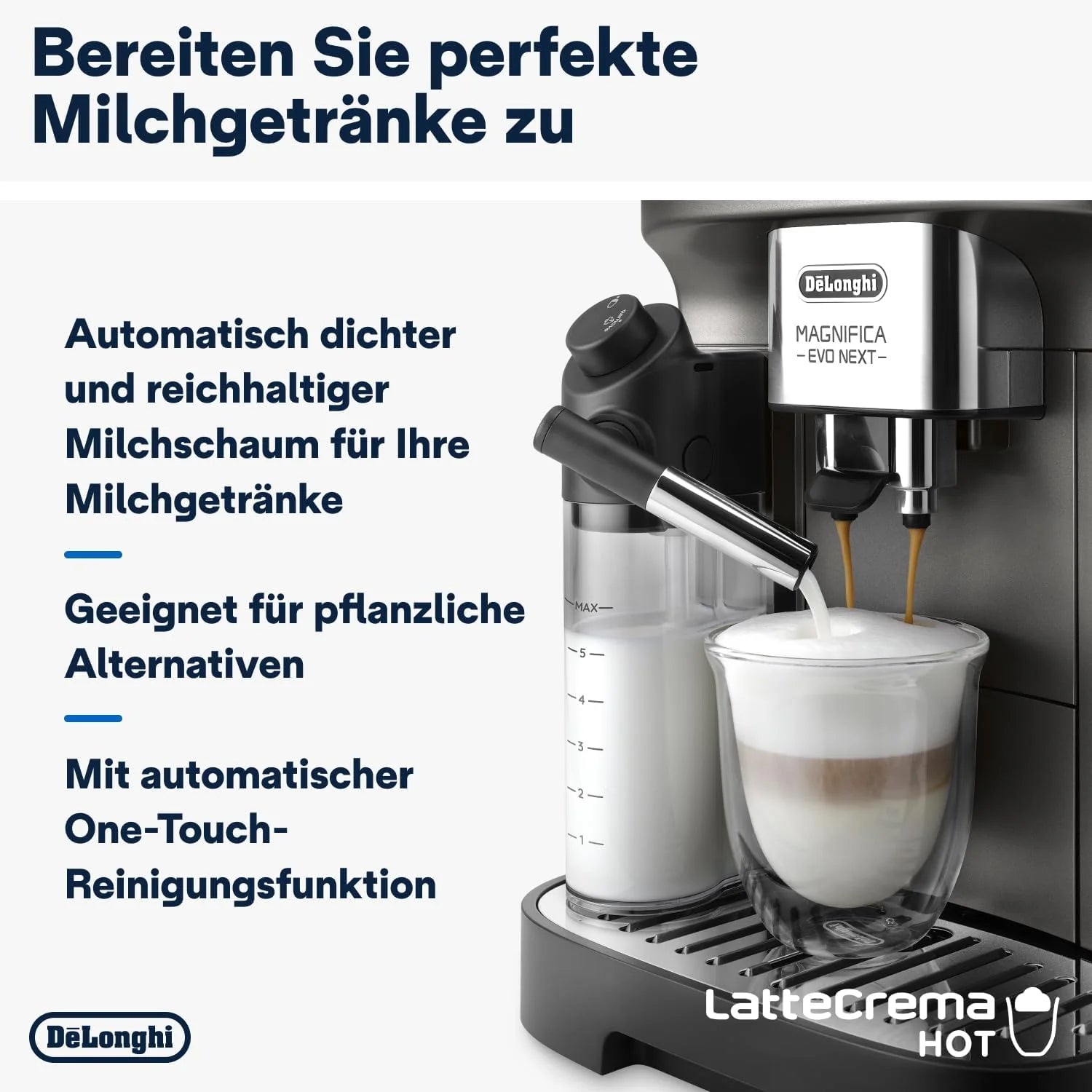 De'Longhi Magnifica Evo Next ECAM312.80.TB, Kaffeevollautomat mit 13 Getränken (Cappuccino, Espresso, Latte Macchiato), 2,4'' TFT Farbdisplay, LatteCrema Milchsystem, 2-Tassen-Funktion, Titan