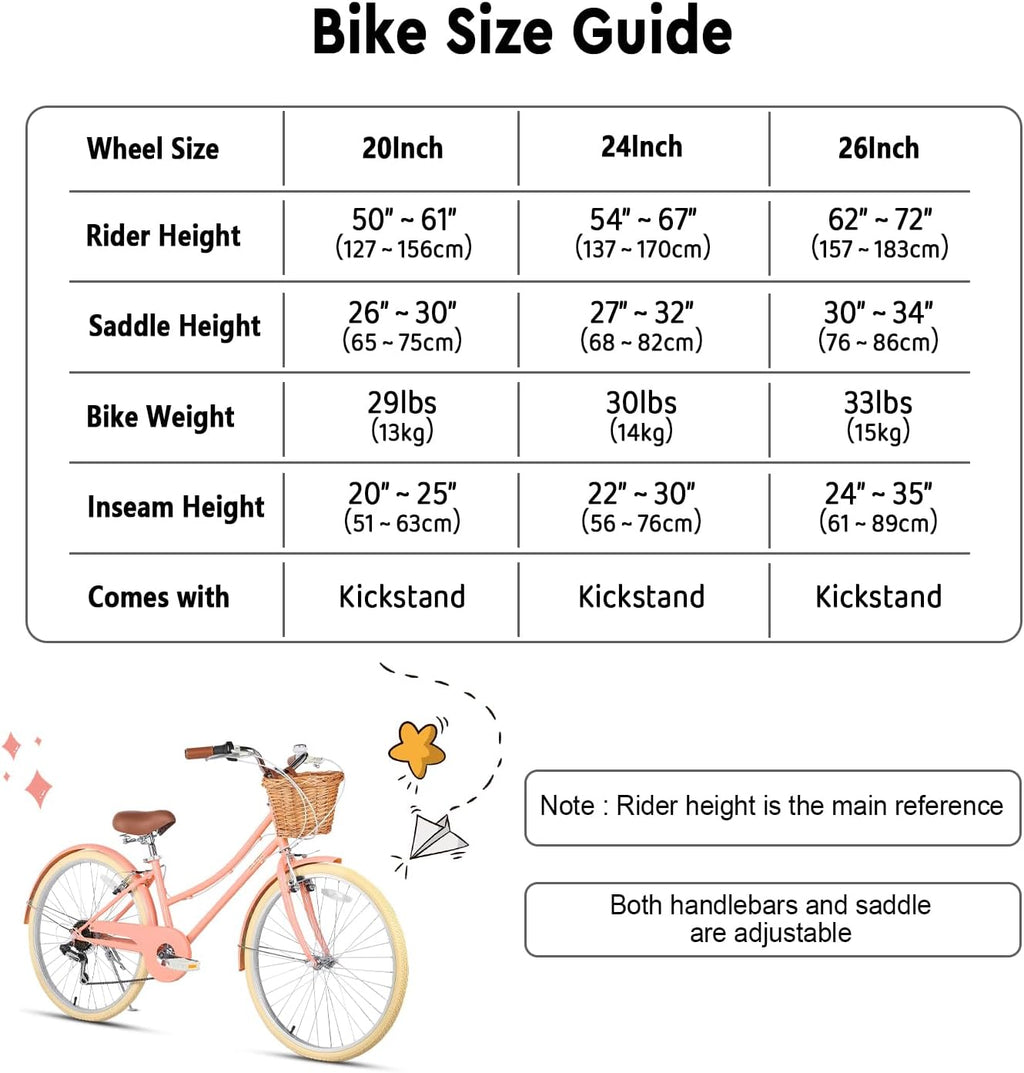 Glerc Missy 20 24 26 Zoll Mädchen City 6-Gang Hybrid Cruiser Fahrrad mit Weidenkorb für Jugend über 6-Jahre alt, mehrere Farben