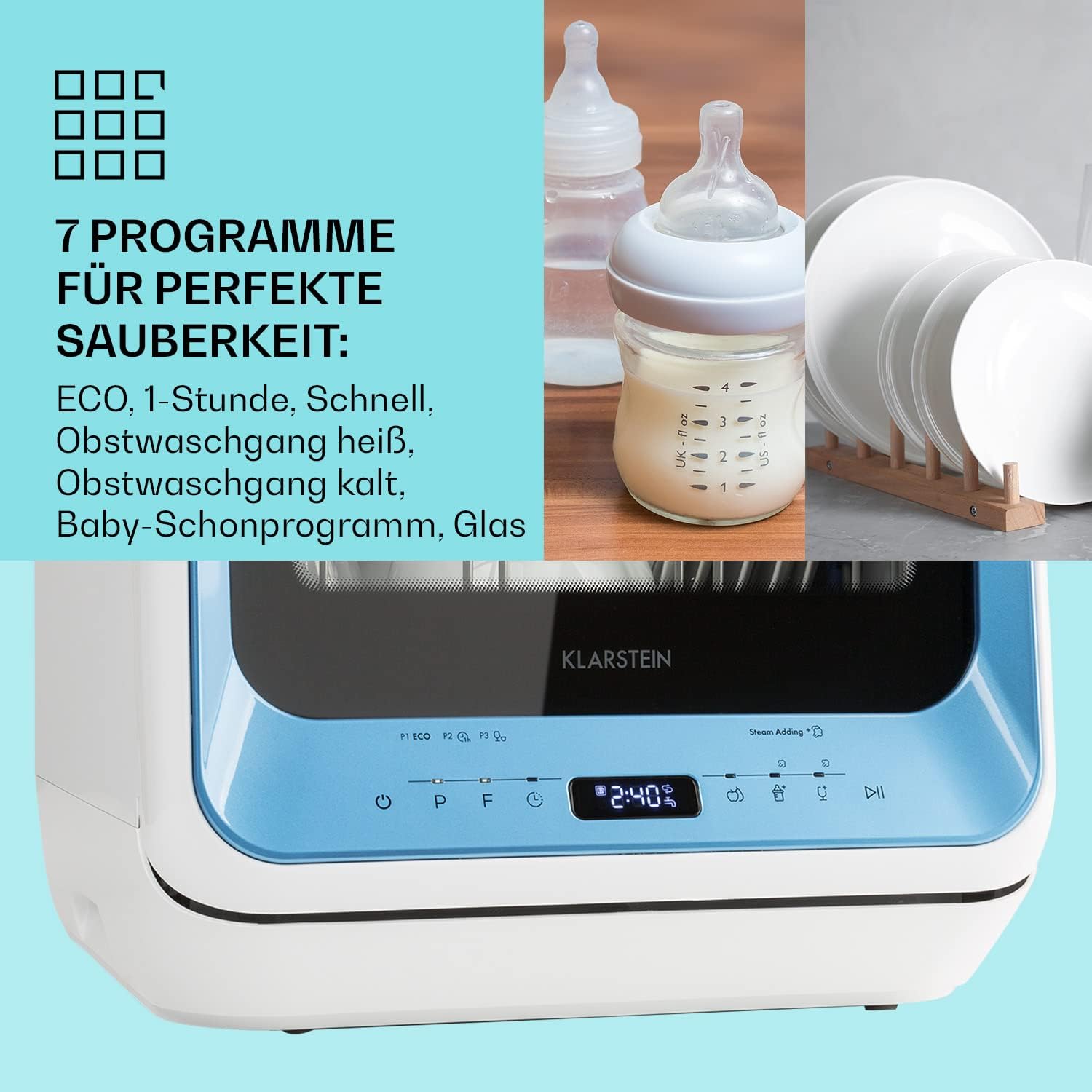 Klarstein  ia Mini Geschirrspüler, Spülmaschine mit Platz für 2 Maßgedecke, 6 Programme, 5 L Wasser benötigt, LED-Display, Touch, Tischgeschirrspüler inkl. Zubehör, schwarz