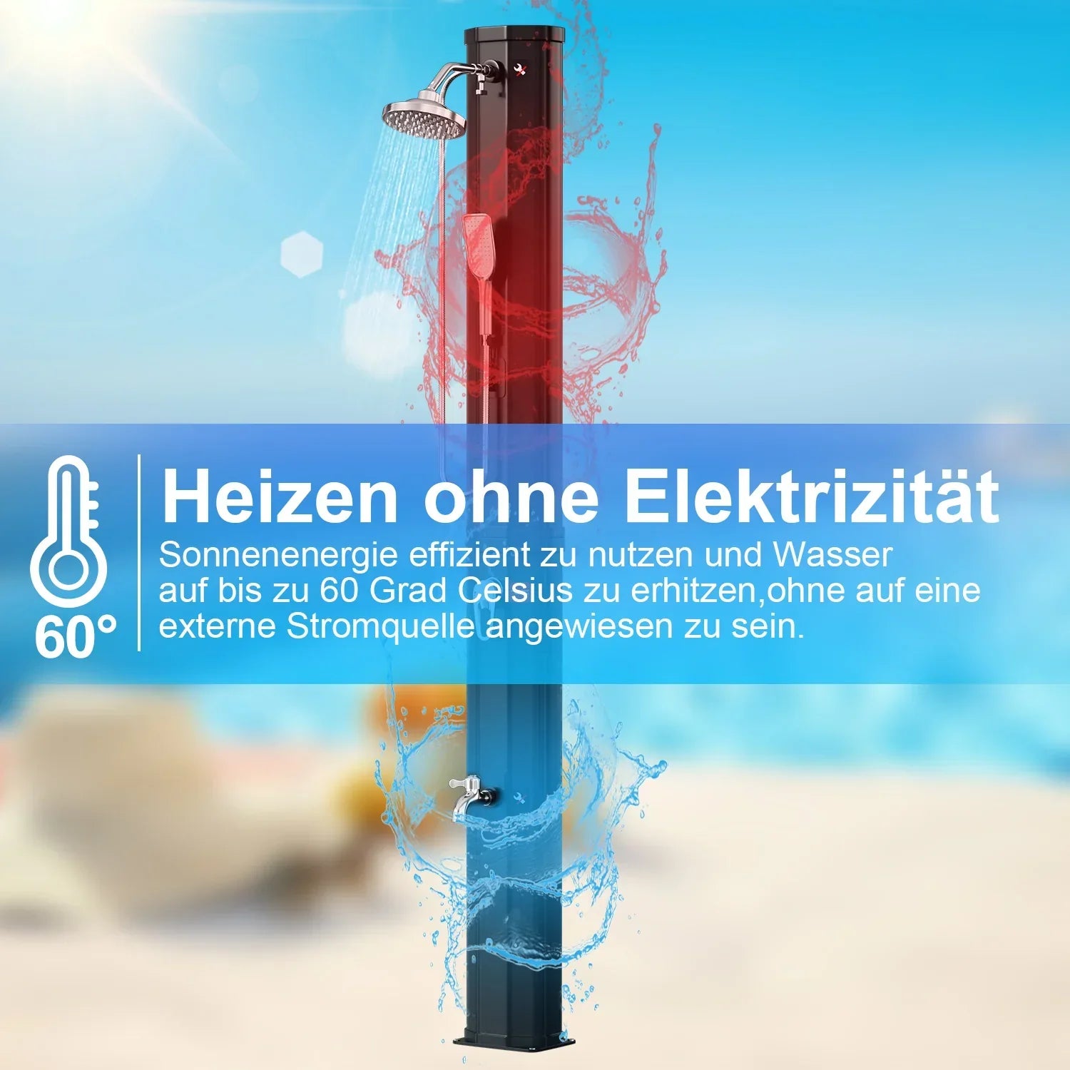 Sonnewelt 60L Solardusche Gartendusche Inkl. Schutzhaube und Handbrause