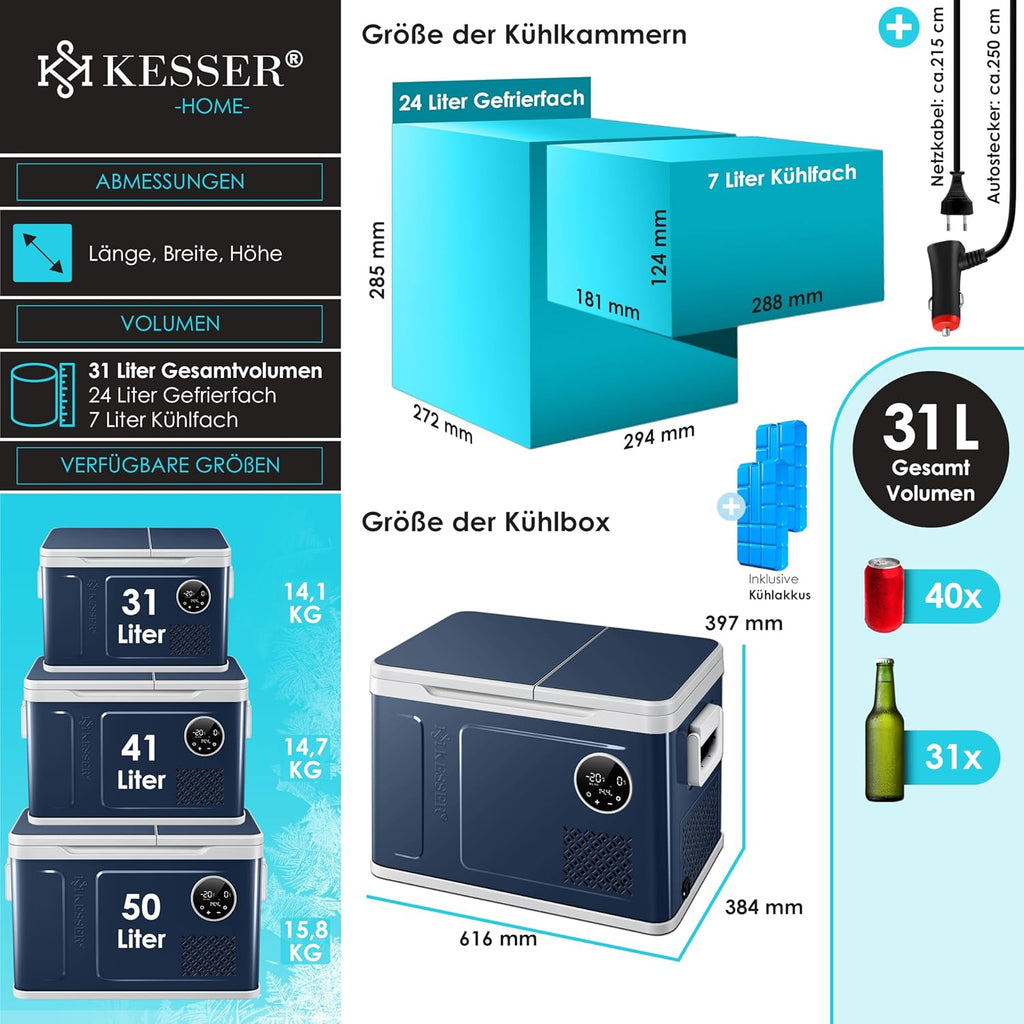 KESSER Kompressor Kühlbox 2in1 Doppelzone Kühl & Gefrierfach elektrische Gefrierbox mit 2x Kühlakkus & LED-Touch-Bedienung | Kühlschrank Kühlung bis -20 °C für Camping, Auto, Lkw 12/24V 230V
