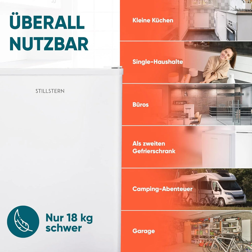 Stillstern Mini Gefrierschrank (42L) -18°C, Eiswürfelschale, Schloss, Türanschlag wechselbar, 4-Sterne Tiefkühlschrank für Camping/Büro Gefriertruhe Klein Gefrierschrank Klein Tiefkühltruhe