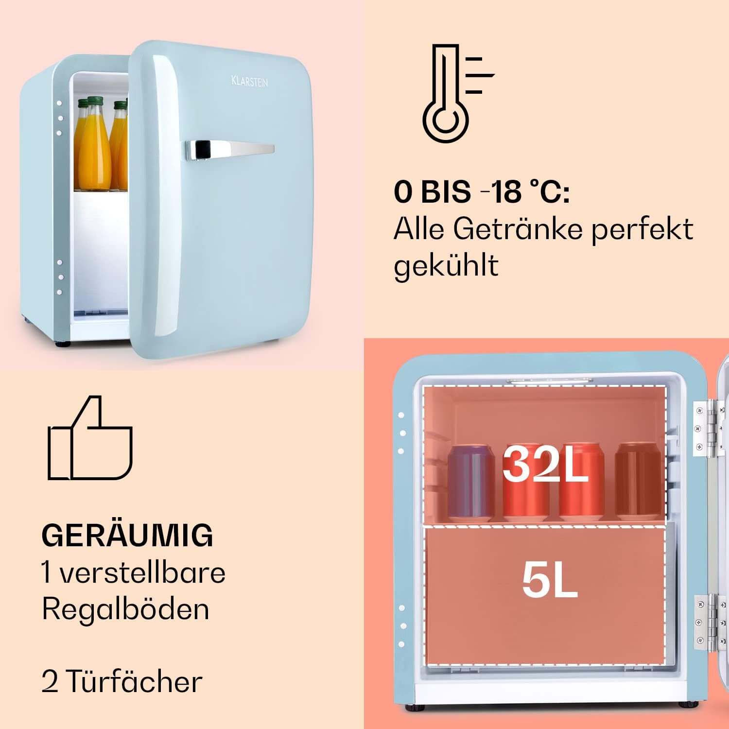 Klarstein Audrey Mini - kleiner Kühlschrank, kompakte Mini-Bar, freistehend, Kompressionskühlung, Fassungsvermögen, Kühlung: 0-10 °C, Mini-Kühlschrank mit 70 Liter Fassungsvermögen, rot