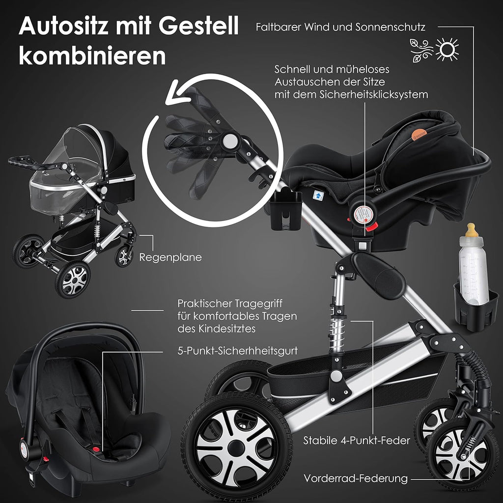 KESSER Loops 3 in 1 Kinderwagen Kombikinderwagen Komplett-Set inkl. Babywanne & Buggy Sportsitz & Auto-Babyschale Voll-Gummireifen Wickeltasche Regenschutz Kindertisch ECE R129, Schwarz/Champagne