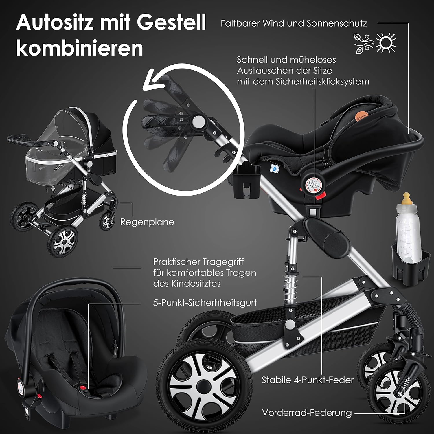 KESSER Loops 3 in 1 Kinderwagen Kombikinderwagen Komplett-Set inkl. Babywanne & Buggy Sportsitz & Auto-Babyschale Voll-Gummireifen Wickeltasche Regenschutz Kindertisch ECE R129, Schwarz/Champagne