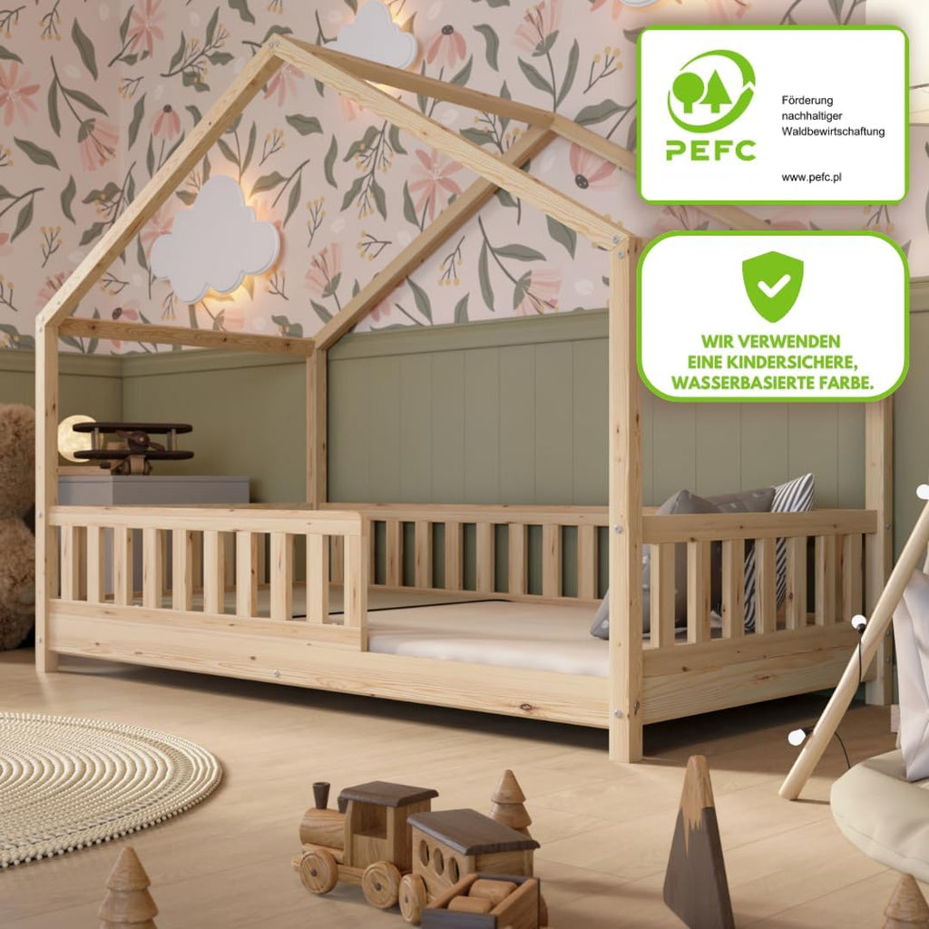 Crazy Pine Hausbett mit Schubladen 200x90 cm – Kinderbett aus Naturholz mit Rausfallschutz – Montessori Bodenbett mit zusätzlichen Stauraum und und Abnehmbarer Barriere - Crazy House