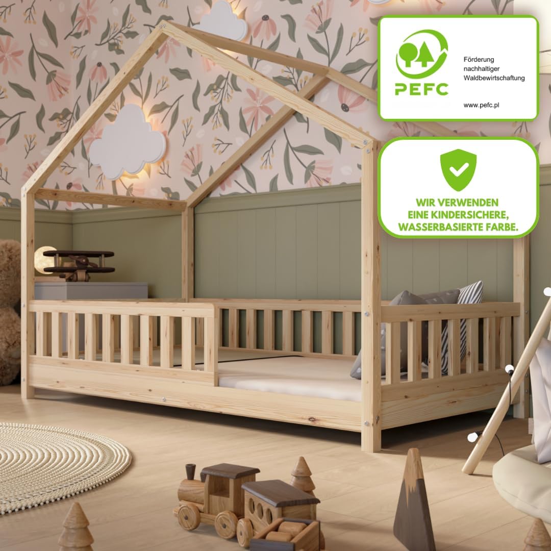 Crazy Pine Hausbett mit Schubladen 200x90 cm – Kinderbett aus Naturholz mit Rausfallschutz – Montessori Bodenbett mit zusätzlichen Stauraum und und Abnehmbarer Barriere - Crazy House