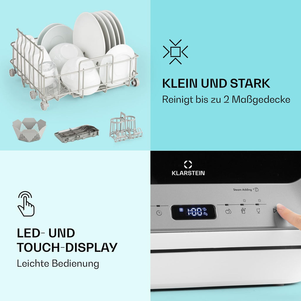 Klarstein  ia Mini Geschirrspüler, Spülmaschine mit Platz für 2 Maßgedecke, 6 Programme, 5 L Wasser benötigt, LED-Display, Touch, Tischgeschirrspüler inkl. Zubehör, schwarz